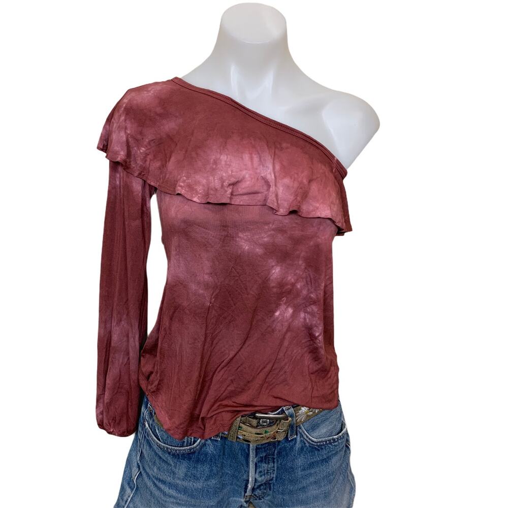Go Couture One Shoulder Top SMALL Ruffle Batik Burgundy Art to Wear USA Artsy